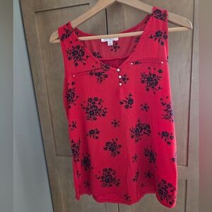 Tempted Red Tank Top Blouse with Black Floral Design- Size Large